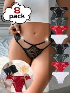 Transparent Mesh Lace Women's Triangle Panties, Gold Heart Metal Button, Low Waist, Breathable, Lightweight, 8 Pcs Set, All Seasons