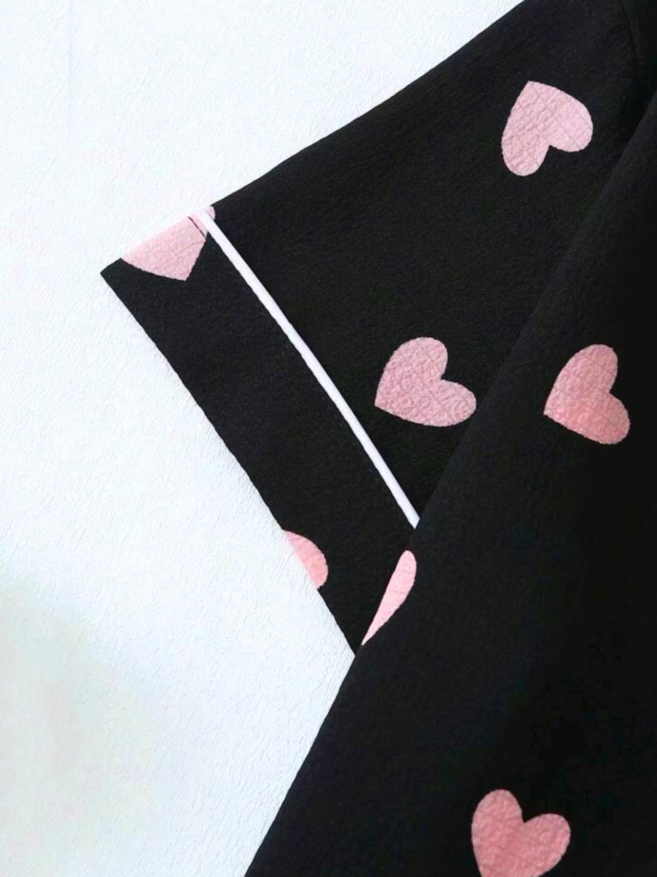 Women's Heart Print Short Sleeve Shirt & Elastic Waist Shorts Pyjama Two-piece Set, Casual Comfy Top & Shorts PJ Set, Ladies Sleepwear for All Seasons Pajamas Loungewear