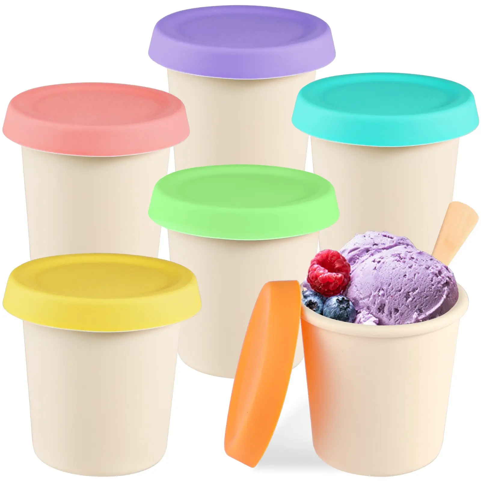 6-Pack Silicone Ice Cream Cups with Lids, Reusable Freezer Containers for Yogurt, Oatmeal, Jam, Easy Clean, Candy Color Lids