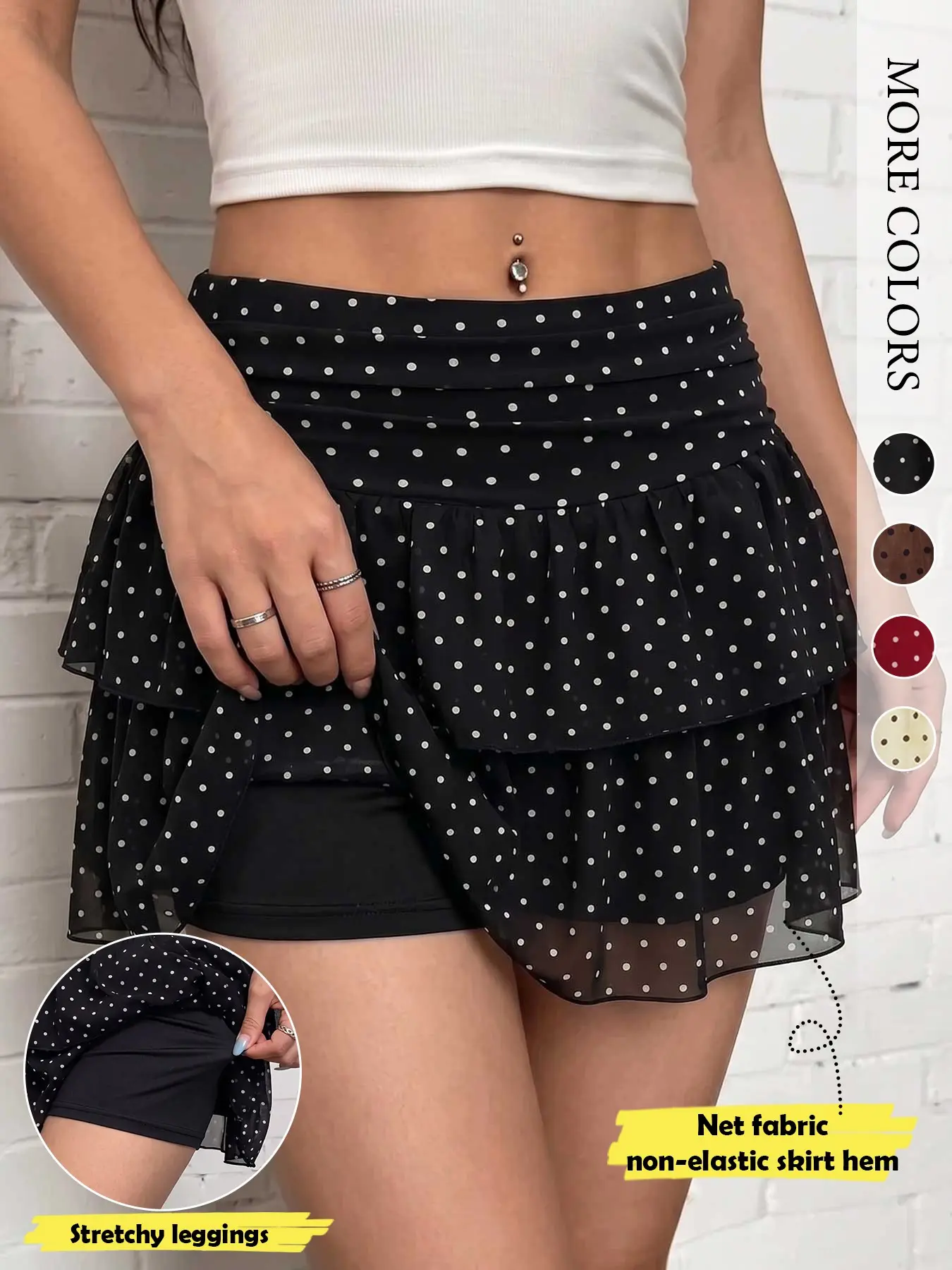 Women’s Layered Ruffle Skort Polka Dot Print with High Waist Ruched Waistband and Built In Shorts Casual Skirt Activity Wear