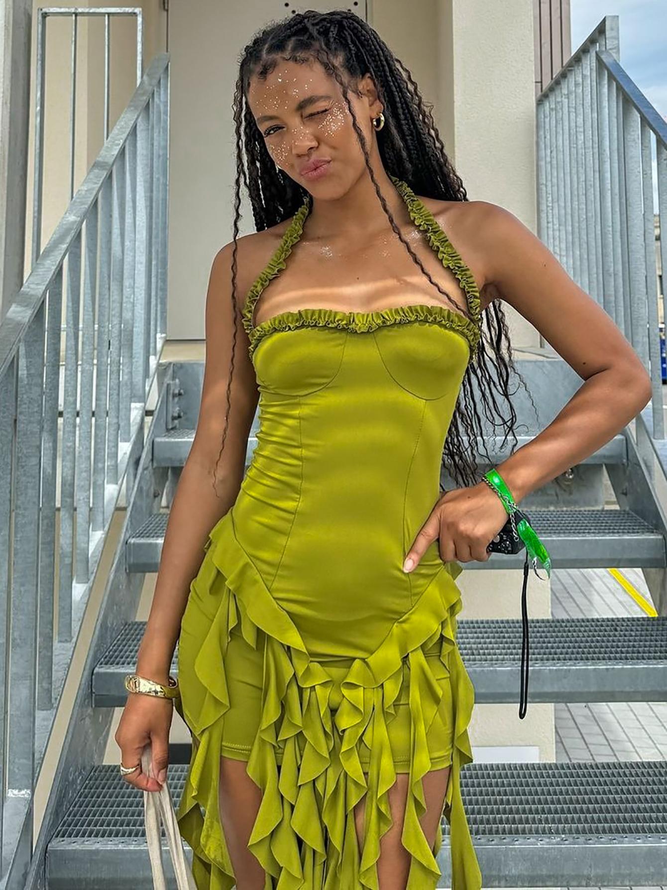 Women's Y2K Octopus Bodycon Dress Plain Ribbon Halter Neck Ruffle Hem Backless Sleeveless Mini Dress for Party Club Dating Summer Fashion Valentine's Day Gift