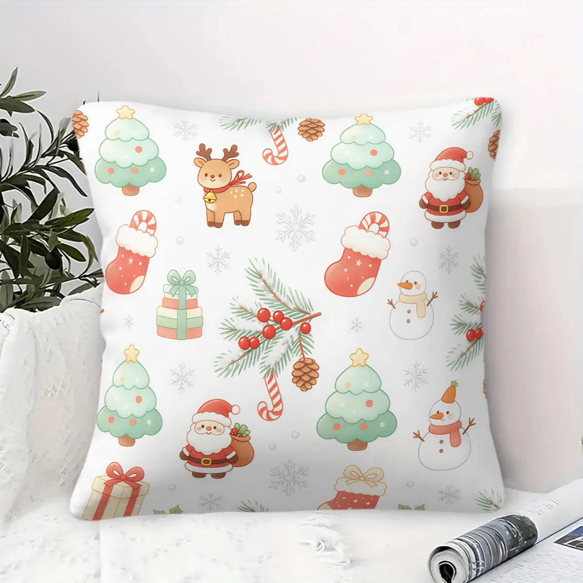 45x45cm 1Pc Christmas Throw Pillow, Reindeer Snowman Xmas Print, Lovely Holiday Window Cushion With Insert