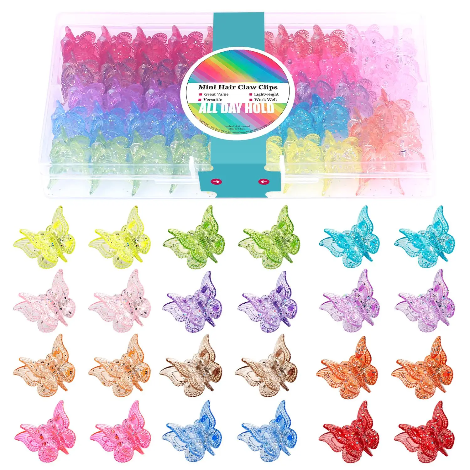 Glitter Butterfly Hair Clips, 48 Pcs Y2K Mini Claw Clips| 12 Candy Colors No-Slip Hold for Braids, Buns, Parties, Festivals and 90s or Y2K Styling Hair Accessories