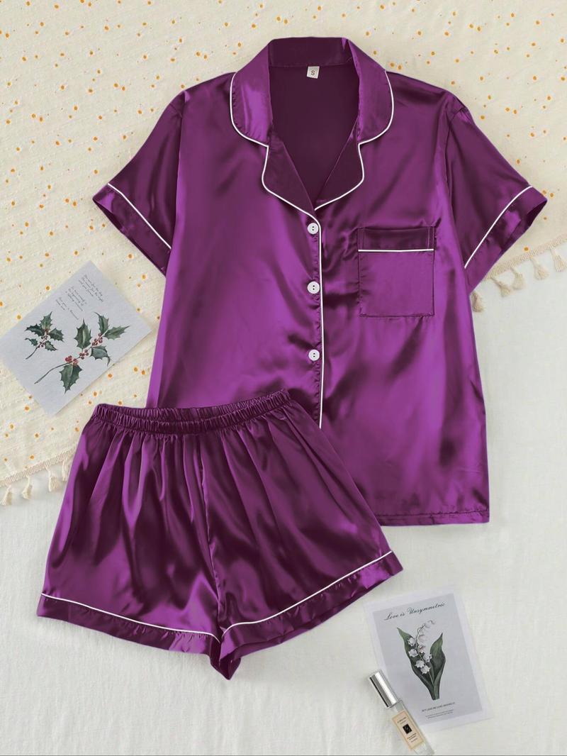 【Valentine's Day】Women's Two-piece Shirt & Shorts Satin Pajamas Set, Ladies Summer Sleepwear 【Valentine's Day】Women's Two-piece Shirt & Shorts Satin Pajamas Set, Ladies Summer Sleepwear