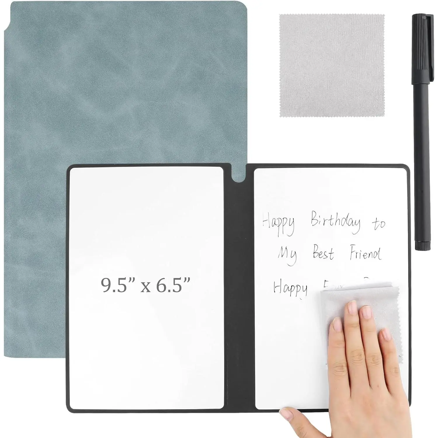 A5 Dry Erase Notebook Include a Wipeable Pen and Rag,9.4x6.5 Inch Erasable Notebook Whiteboard Notebook,Wipeable Notebook PU Hardcover for Office and Taking Notes(Light Cyan)