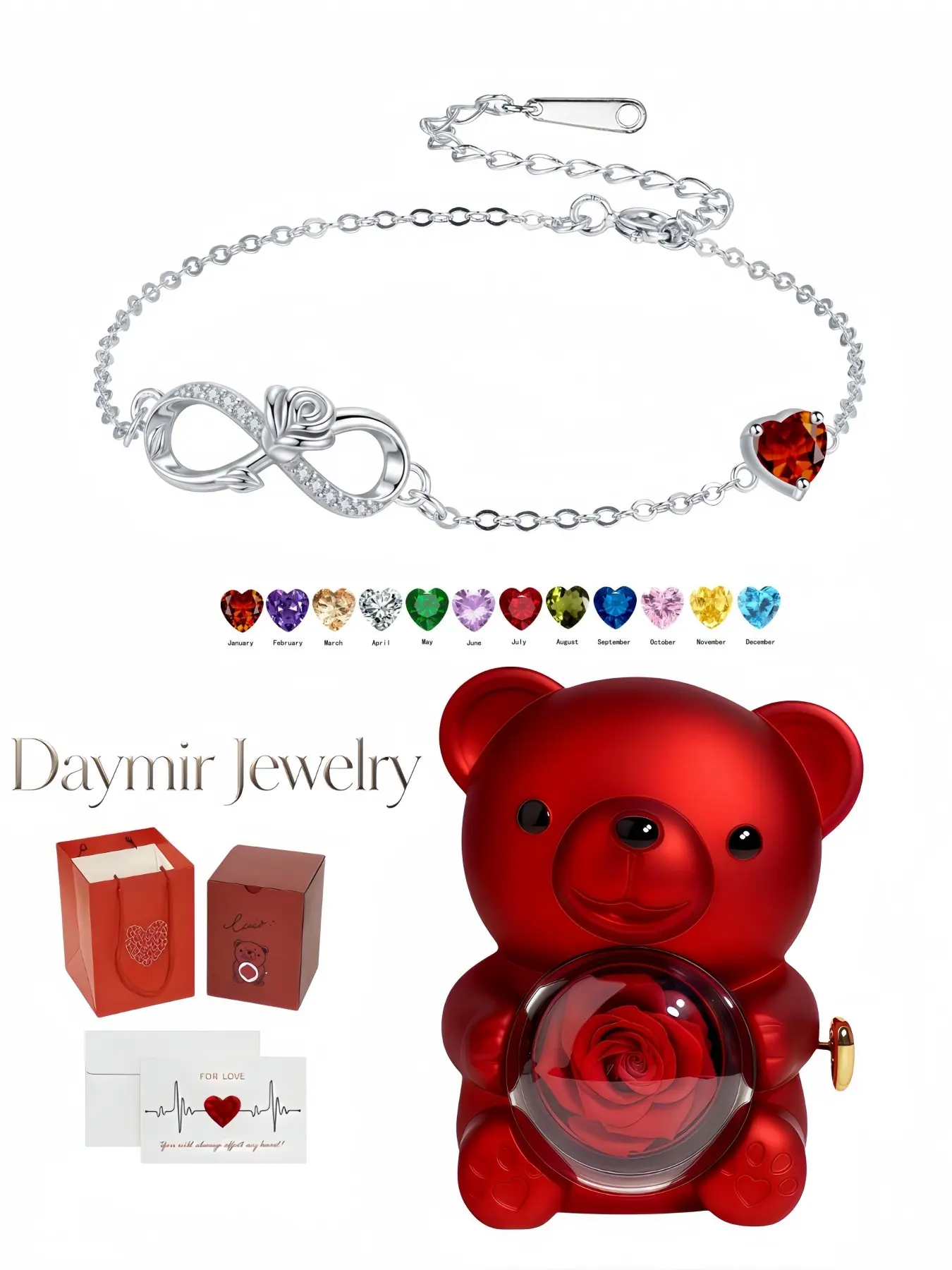 Rose Infinity Heart Thin Bracelet, shiny zircon birthstone heart jewelry. Packaged in rotating rose bear gift box, ideal surprise gifts for birthdays, Mother’s Day and Valentine’s Day.