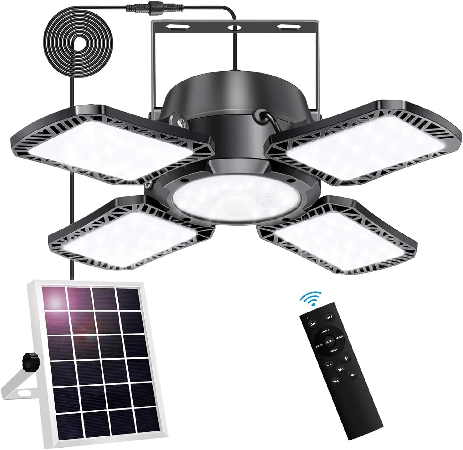Solar-powered shed light, suitable for indoor and outdoor use, 176 LED solar-powered, with motion sensor, usable during the day. The solar indoor light features 5 lighting modes and a remote control, suitable for sheds, gazebos, barns, garages, and homes