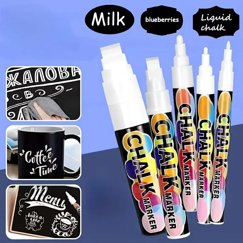 5-Pack Washable Liquid Chalk Pens, Fine Tip 1-5mm, Erasable Dust-Free Reusable, Ideal for School Office DIY Art, Glass Window Decor, Perfect Gift, Liquid Chalk Marker