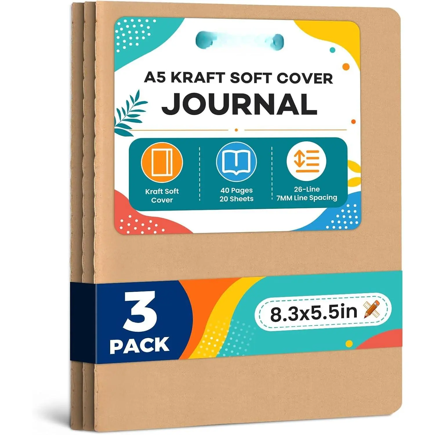 3 Pack A5 Lined  Paper Journals Bulk, Notebooks for Work | A5 Notebook, 8.3" x 5.5" Inch Lined Composition Notebook, College Ruled Journal Notebook for School, 40 Pages / 20 Sheets