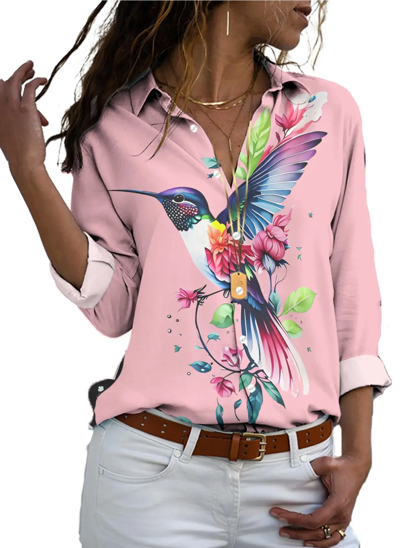 2026 New Women's European Style Colorful Hummingbird Flower Print Blouse, Loose-Fitting Button Front Shirt, Casual Sleeveless Top