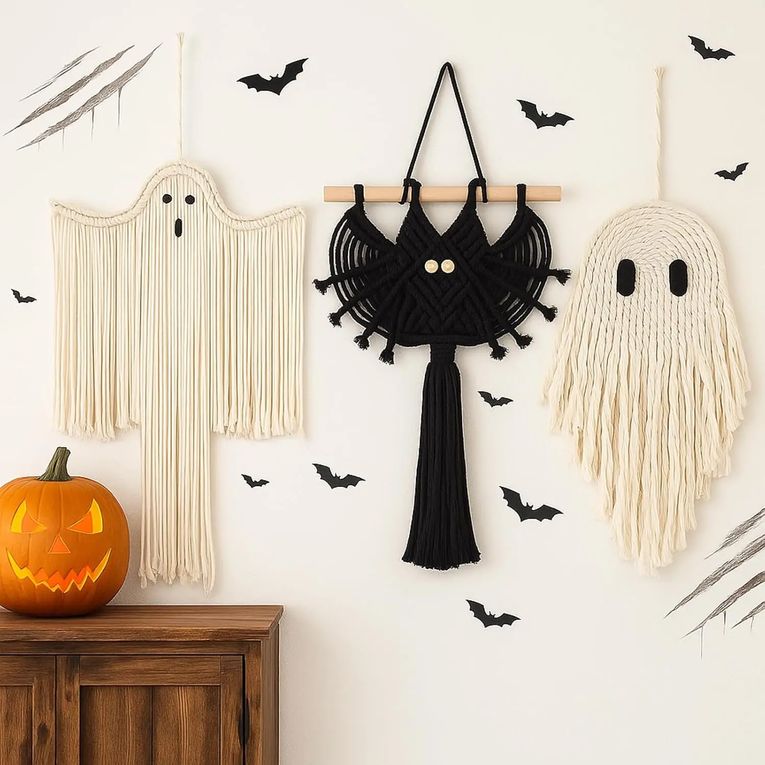 3 count Halloween Macrame  Bat Wall Decor   Wall  Halloween Boho Decorations, Spooky  Decor for  Decorations ()
