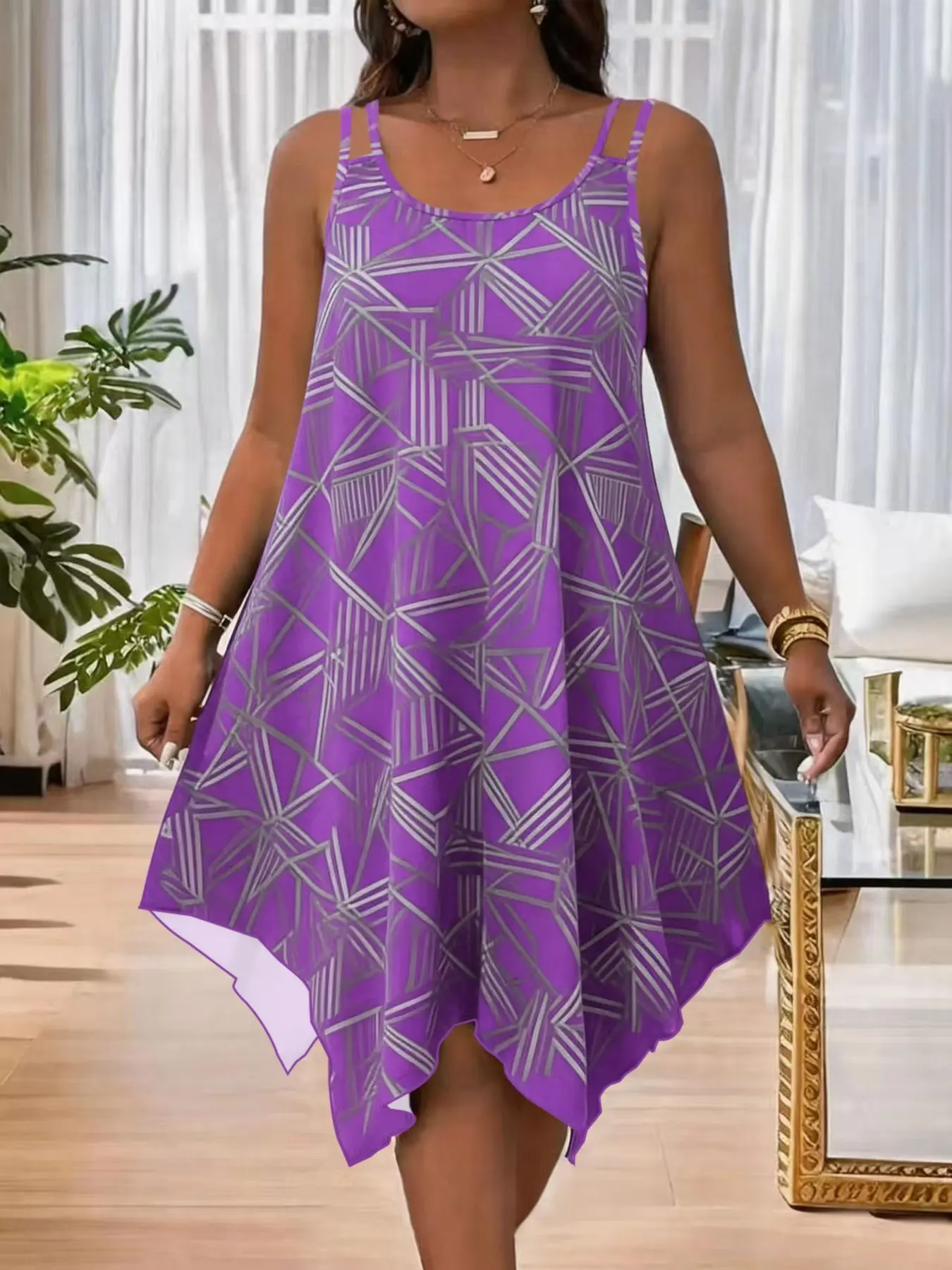 Elegant Geometric Pattern Strapless Casual Party Dress, Asymmetrical Hem, Summer Fashion for Plus Size Women, Fit, Chic and Stylish Design, Womenswear