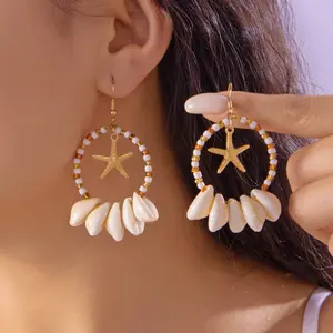 Bohemian Starfish Shell Geometric Drop Earrings for Women, Vintage Round Pendant Statement Jewelry, Ocean Inspired Coastal Aesthetic Earrings, Bold Lightweight Fashion Accessory for Beach Vacation Summer Party