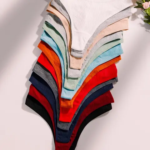 7/12/16 Pcs Women's Ribbed Thong Underwear Panties, Drop Waist Plain Design, Fitted Casual Bottoms for All Seasons, Comfortable Everyday Wear, Ribbed Panty, Casual Comfy Panties
