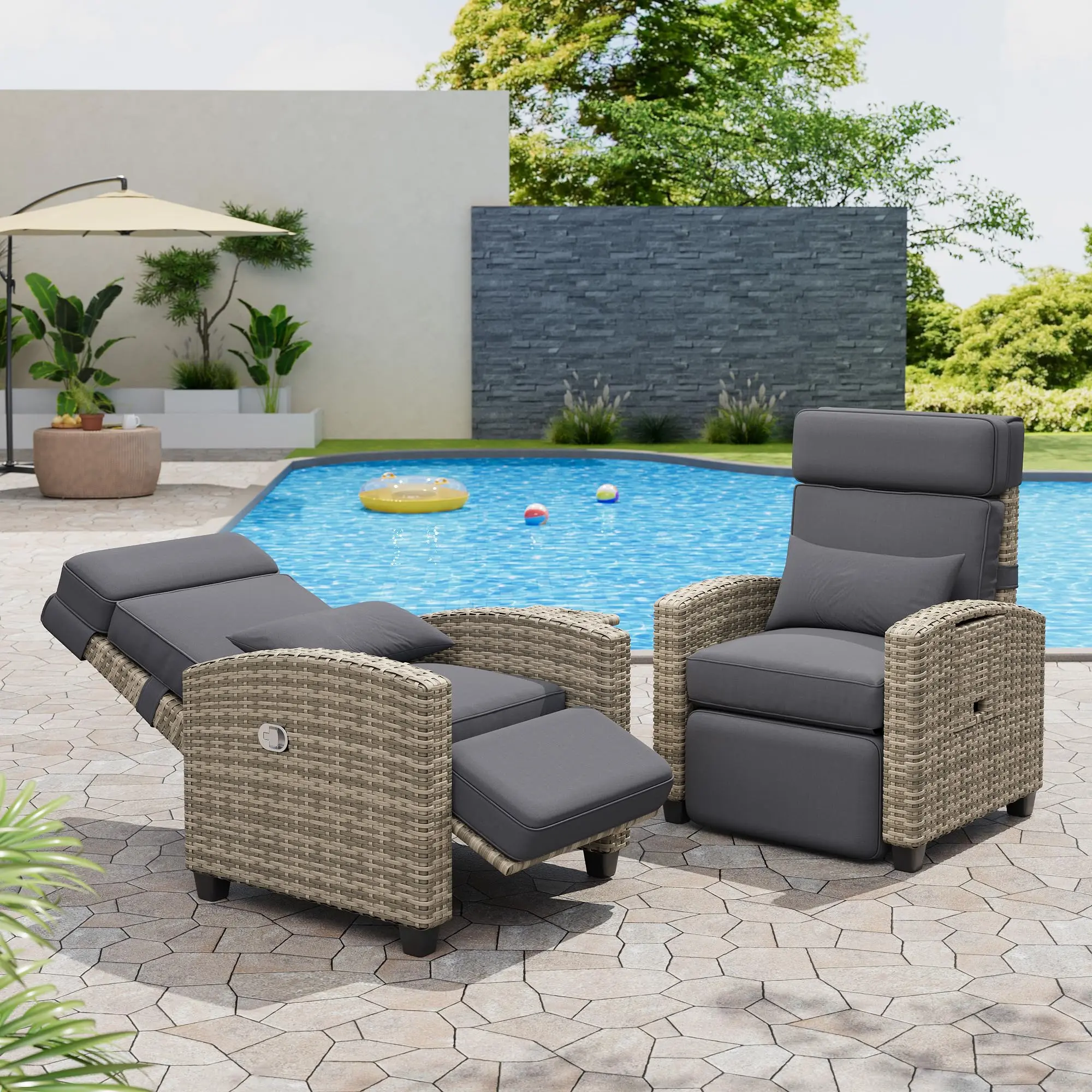 Outdoor Recliner Patio Chairs Set of 2 – Adjustable Rattan Armchairs with 150° Lay Flat Backrest – turn over-Up Table & Removable Cushions – Wicker Chaise Lounge for Garden Furniture