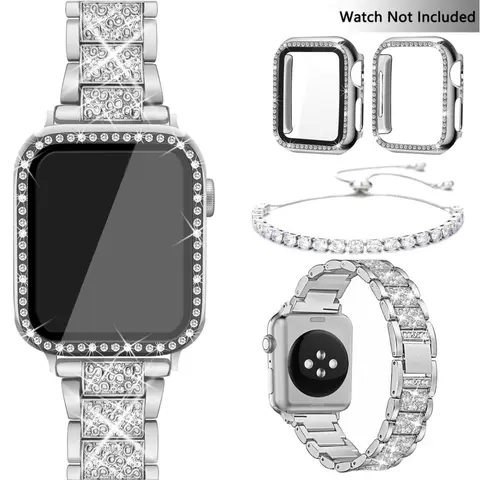 Rhinestone Decor Watch Band & Jewelry Bracelet Set, Wearable Accessories, 4 Counts/Set Watch Band with 2 Bling Case Cover, Smartwatch Accessories for Apple Watch 9 8 7 6 5 4 3 2 1 SE (Band Only)