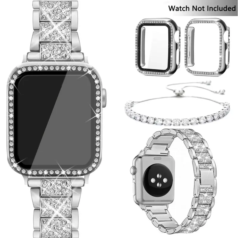 Rhinestone Decor Watch Band & Jewelry Bracelet Set, Wearable Accessories, 4 Counts/Set Watch Band with 2 Bling Case Cover, Smartwatch Accessories for Apple Watch 9 8 7 6 5 4 3 2 1 SE (Band Only)
