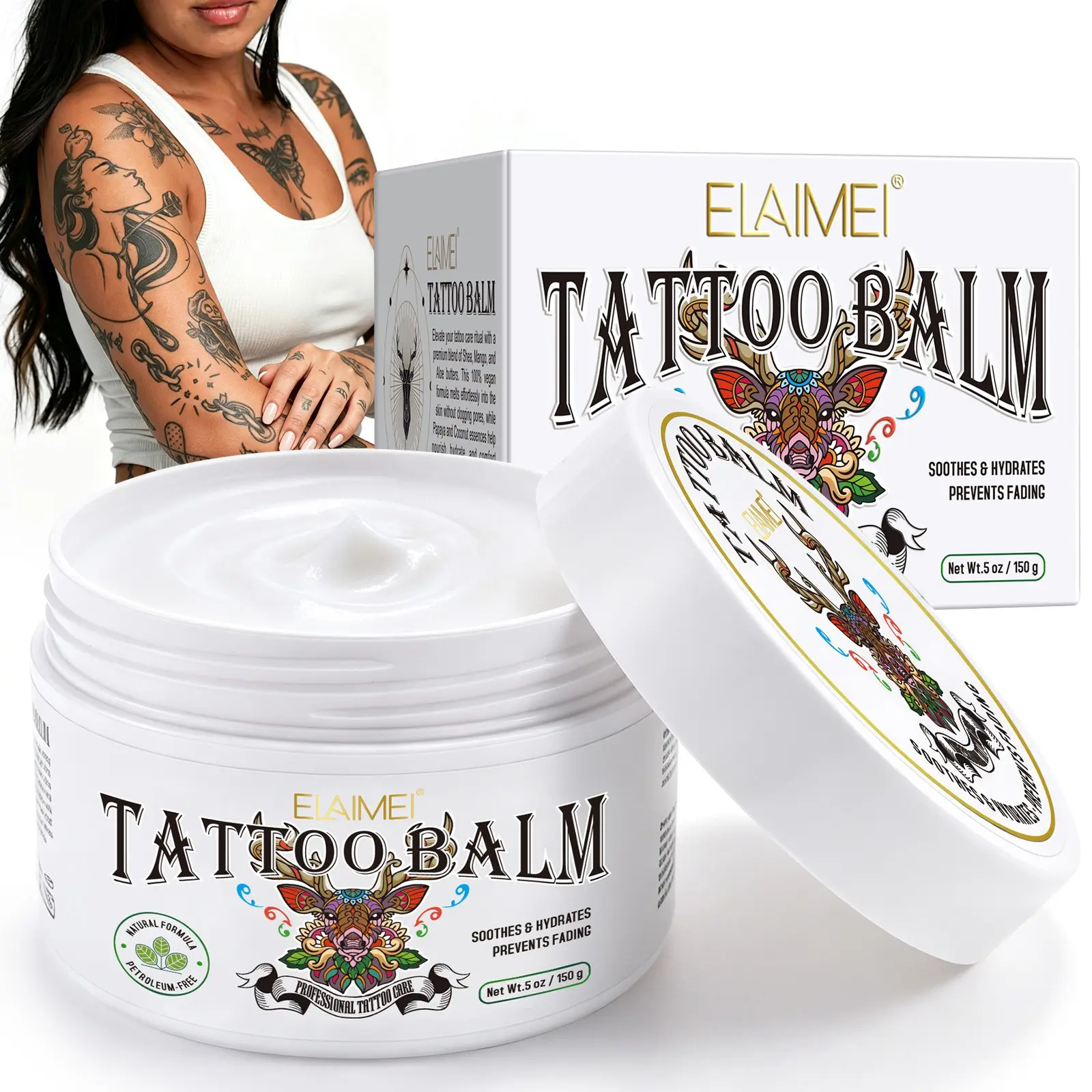 ELAIMEI 150g Tattoo Aftercare Cream—for post-tattoo skin care, moisturizing, and soothing. Nurture your tattoo masterpiece and keep the colors vibrant. Tattoo Balm