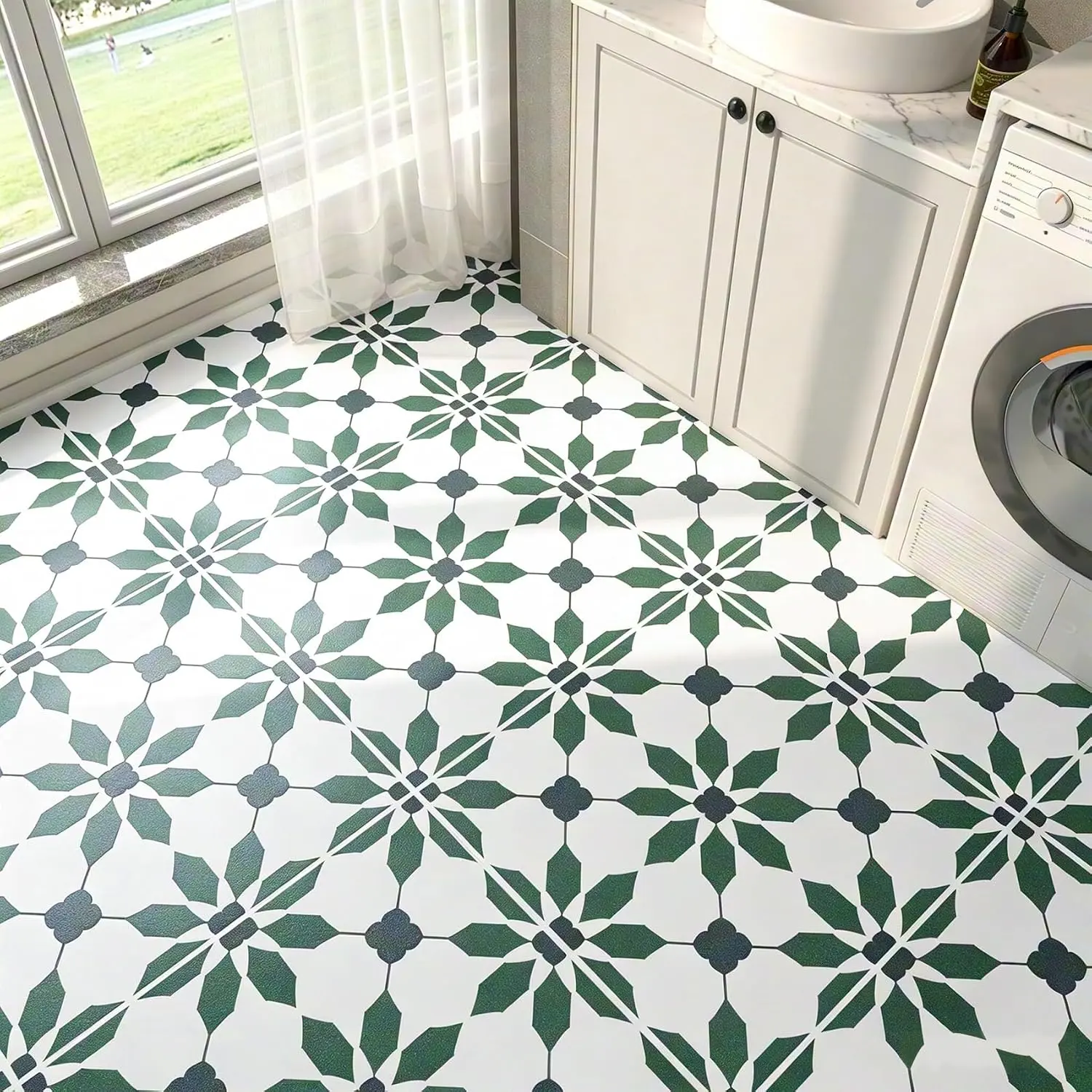 Green Peel and Stick Tile Floor  Viny Flooring Roll | Renter Friendly Floor Peel and Stick Sheet Vinyl Flooring Roll Bathroom Kitchen Tile Self Adhesive Linoleum Flooring 12x47"