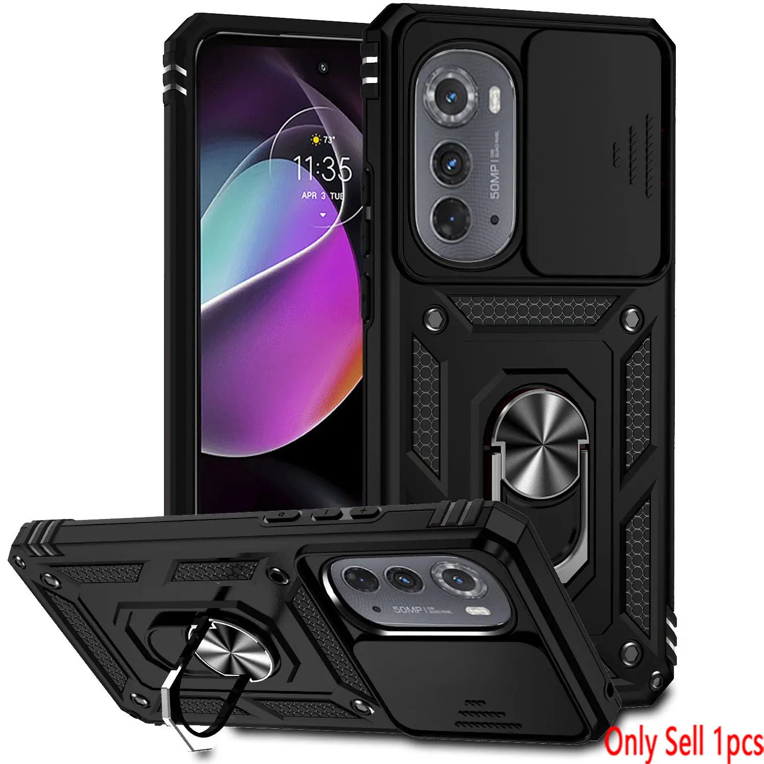 Case for Moto Edge 2022 Smartphone Shockproof Full Body Protection, Protective Phone Cover, Sliding Camera Cover, 360 Degree Rotatable Ring Stand for Motorola Moto Edge 2022 Phone Case