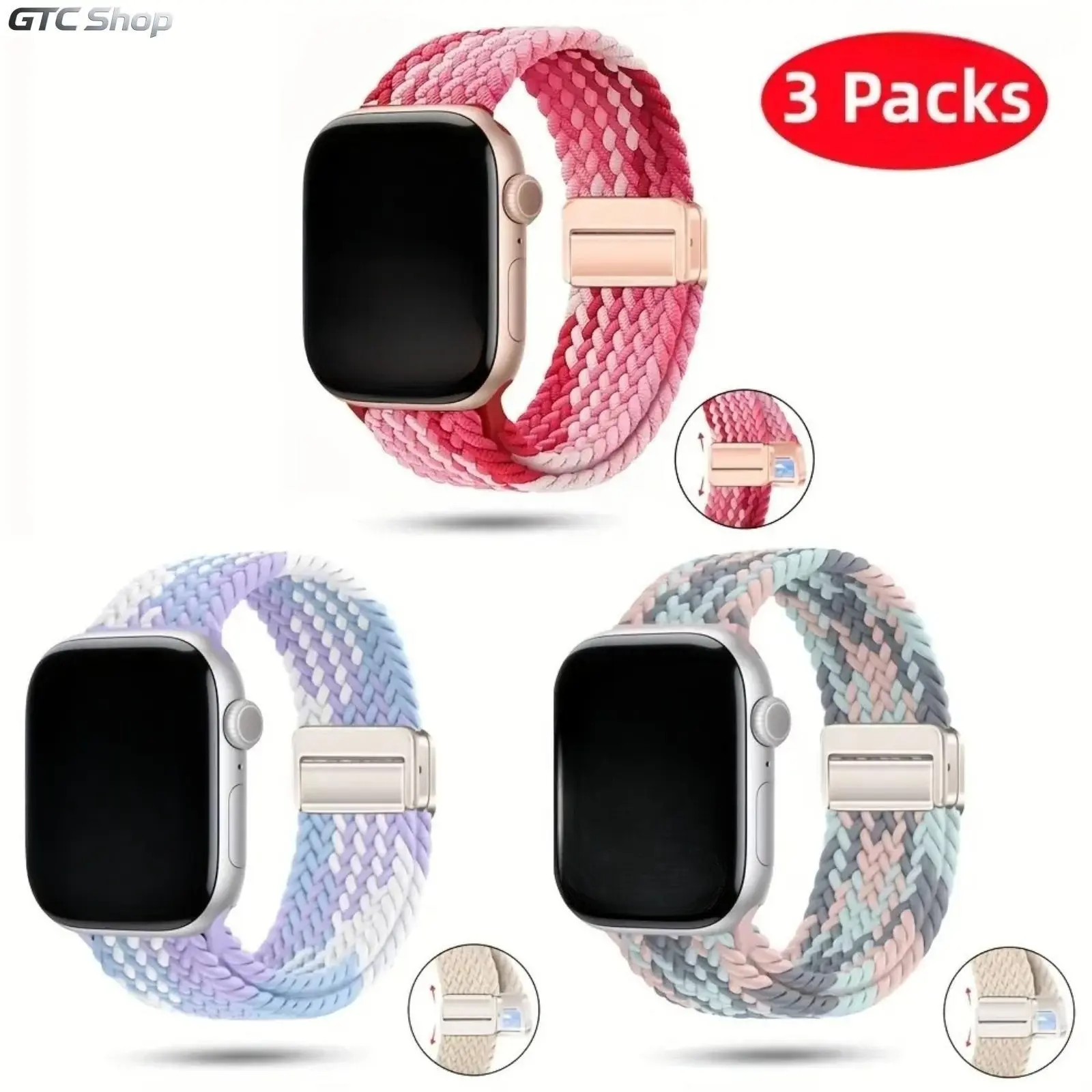 3-Pack Magnetic Clasp Braided Nylon Elastic Solo Loop Smart Watch Straps, 38-49mm Sports & Outdoor Wristbands Fit for Series 1-10, SE, Ultra/Ultra 2