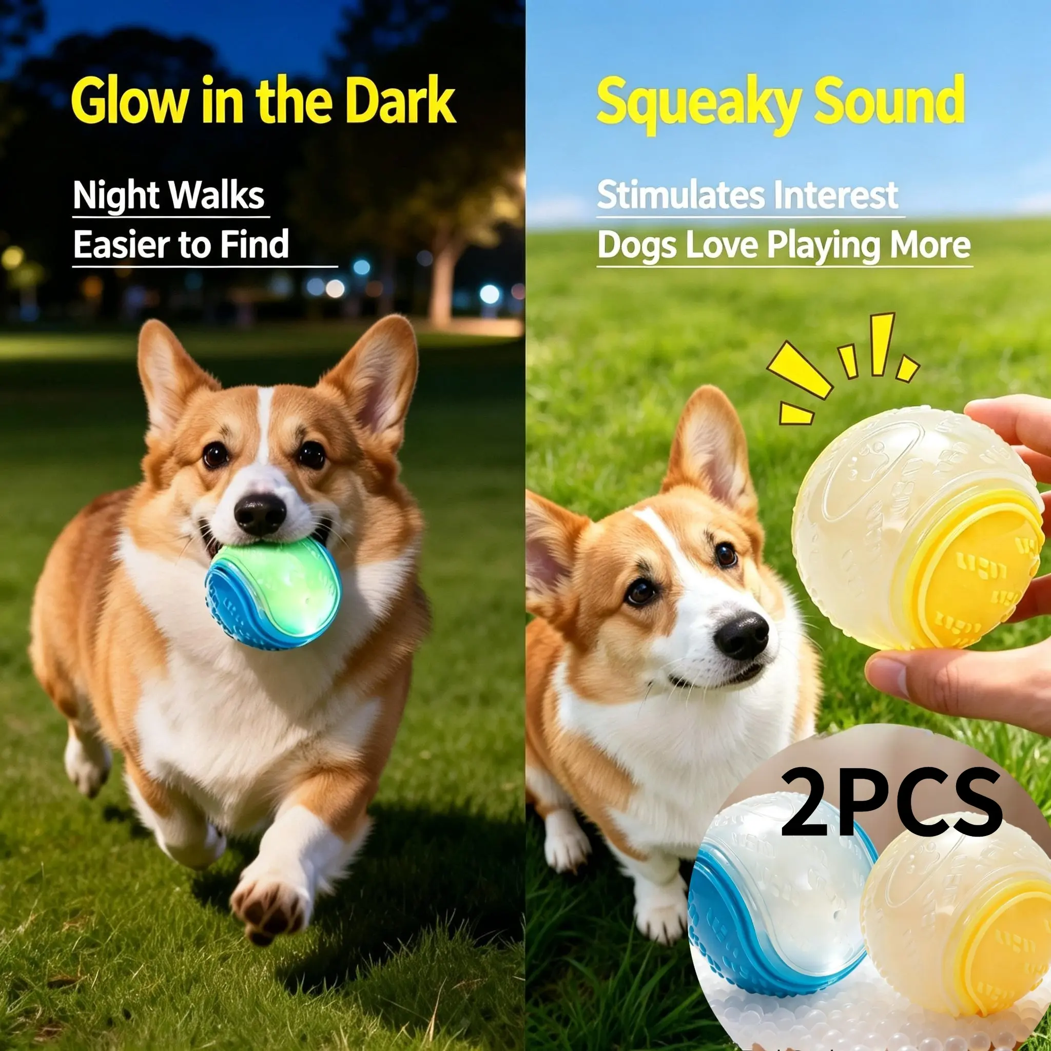 2Pcs Glow in The Dark Squeaky Dog Balls – Durable High Bouncy Rubber Fetch Toys for Small & Medium Puppy Dogs, Interactive Training Chew Balls for Teething, Keep Pets Busy Indoors & Outdoors, Great for Day or Nighttime Play