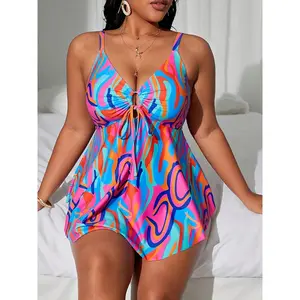 Plus Size Tankini Swimsuit for Women with Tie-Dye Print Two-Piece Set