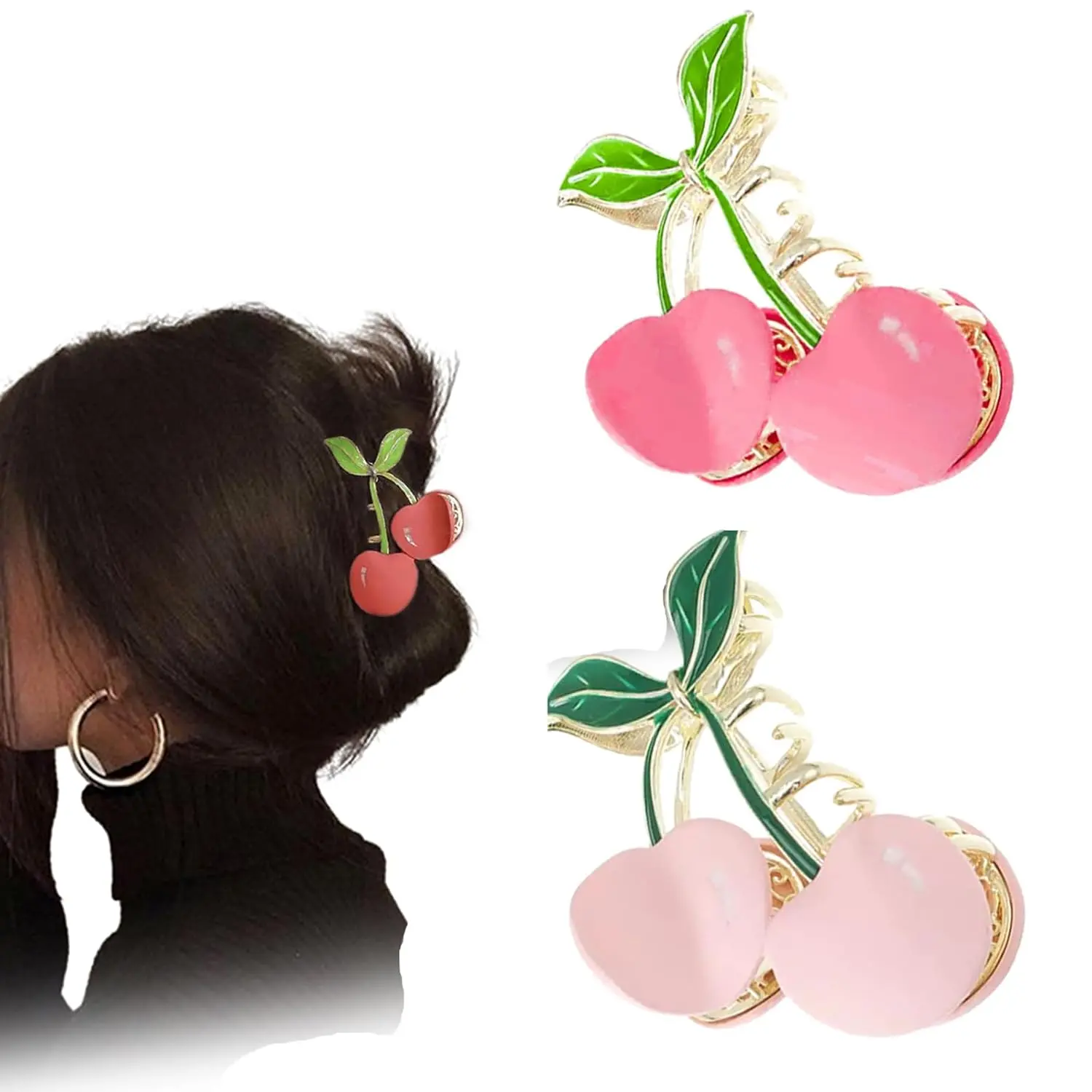 Hair Claw Clips for Women, 2Pcs Large Non-Slip Strong Metal Cherry Butterfly Sparkly Hair Jaw Clips, Cute Hair Holding Headwear Gifts