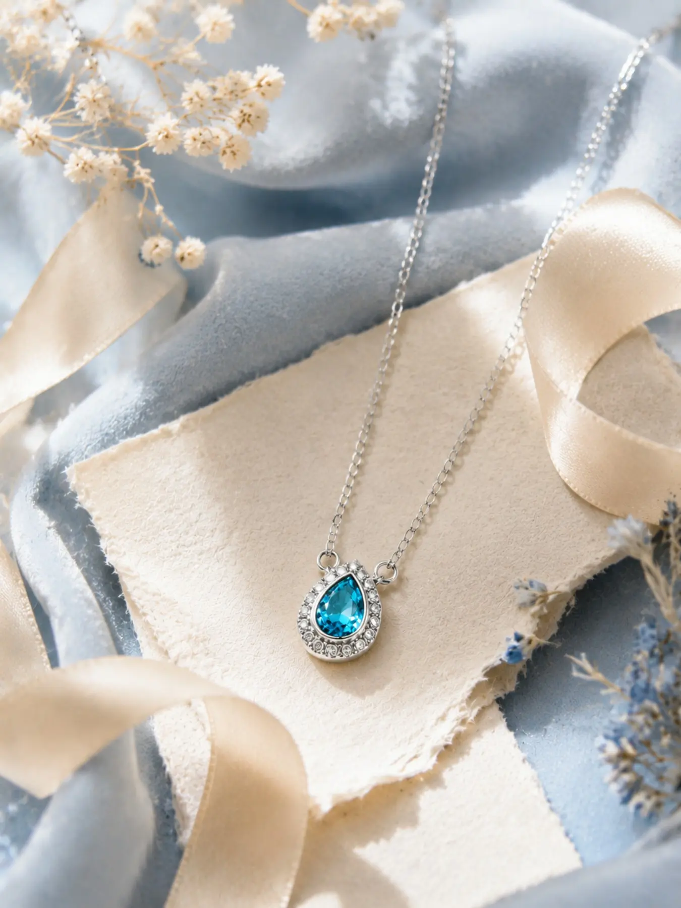 Blue Teardrop Crystal Necklace, Minimalist Luxury Style, Sparkling Pendant, Adjustable Silver Color Chain, Jewelry Gift for Women