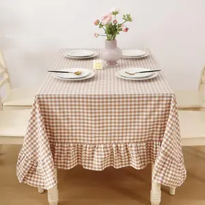 100% Washed Cotton Casual Formal Classic Rectangle Taupe White Gingham Ruffled Tablecloth, 120"x60 Rectangular for 8-10 Seats, Cottage Coquette Decorative Buffet Vintage Table Cloth