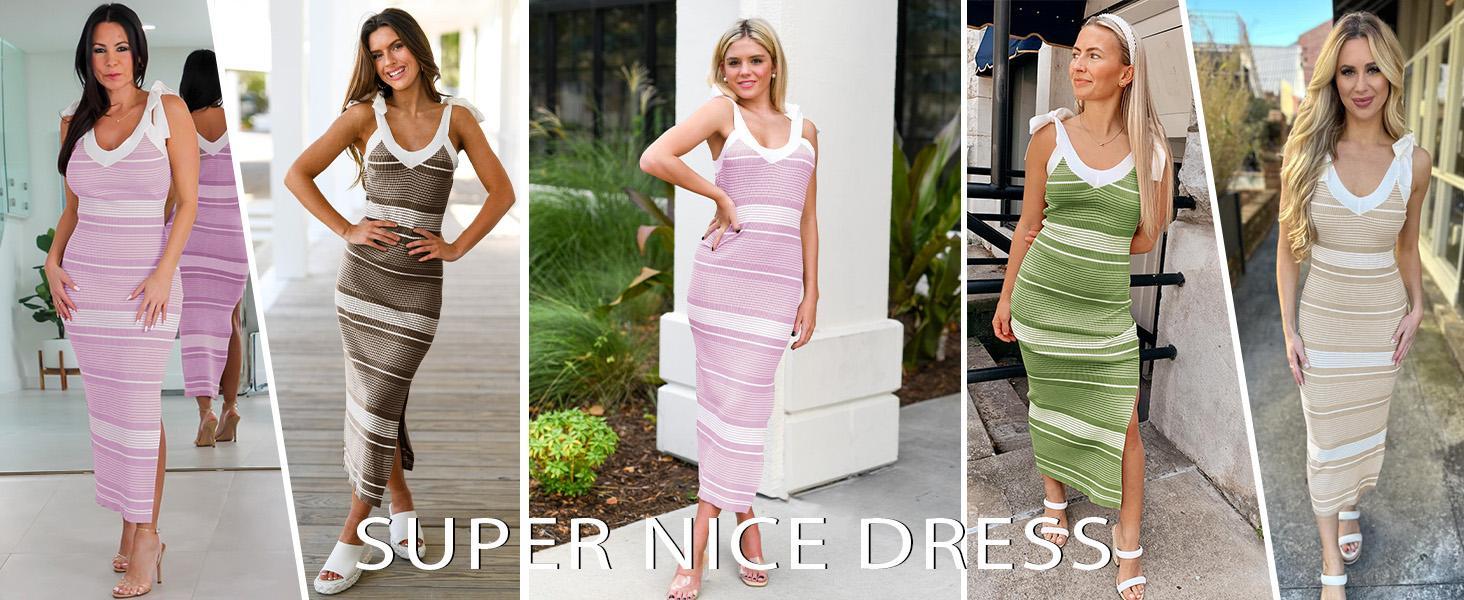 Goranbon Womens Summer Midi Bodycon Sweater Dress Sexy V Neck Tie Shoulder Striped Knit Side Slit Sleeveless Tank Dresses