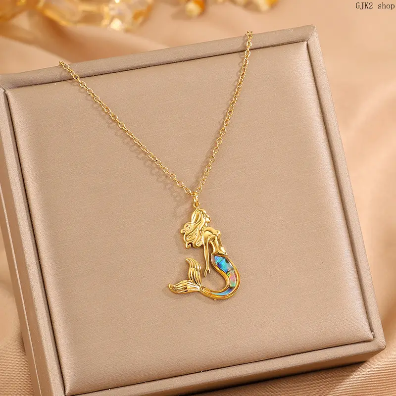 Gold Tone Mermaid Necklace, Iridescent Abalone Shell Inlaid Mermaid Pendant Chain Necklace For Women