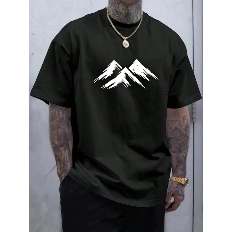Manfinity LEGND Men Round Neck Short Sleeve Mountain Print Black Tee Casual Daily Wear, For Friends