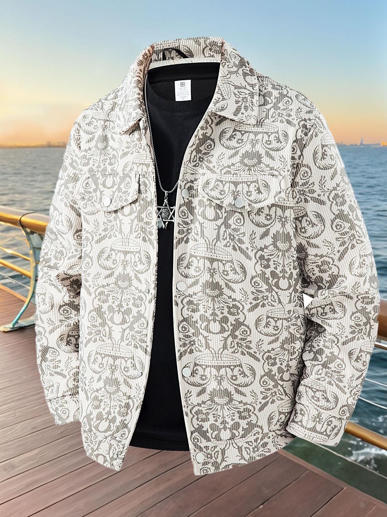 Men's Baroque Print Zip Up Jacket, Casual Fashionable Jacket, Regular Fit Casual Long Sleeve Collared Outerwear for Spring & Fall, Men's Sportswear for Outdoor Activities, Menswear