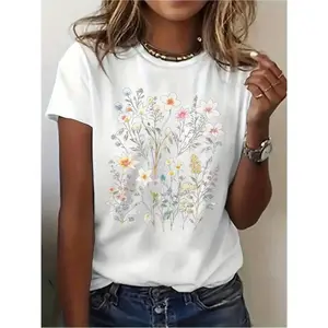 Women's Floral Pattern Summer Round Neck T-Shirt New Arrival Women's Gift Exquisite Women's Blouse Patterned T-Shirt