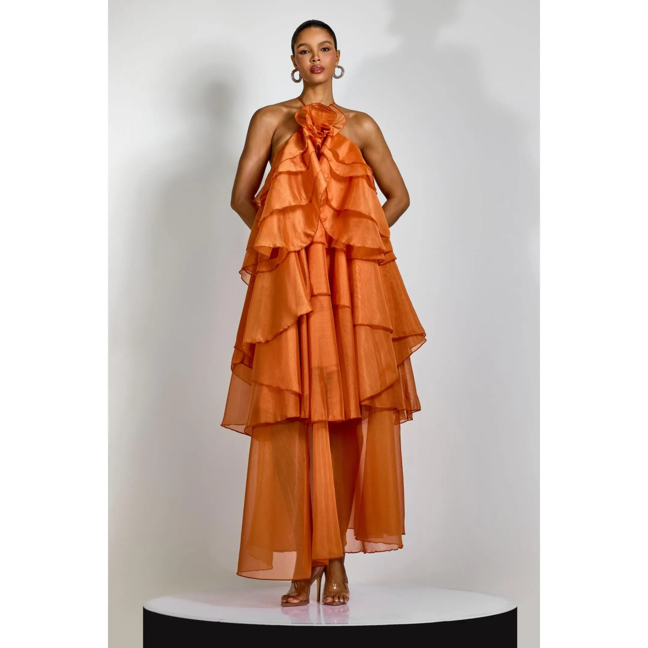 Sunfere Sibley Halterneck Tiered Ruffle Maxi Dress - Flowy Chiffon Flower Detail Elegant, Beach Wedding Guest Cocktail Party
