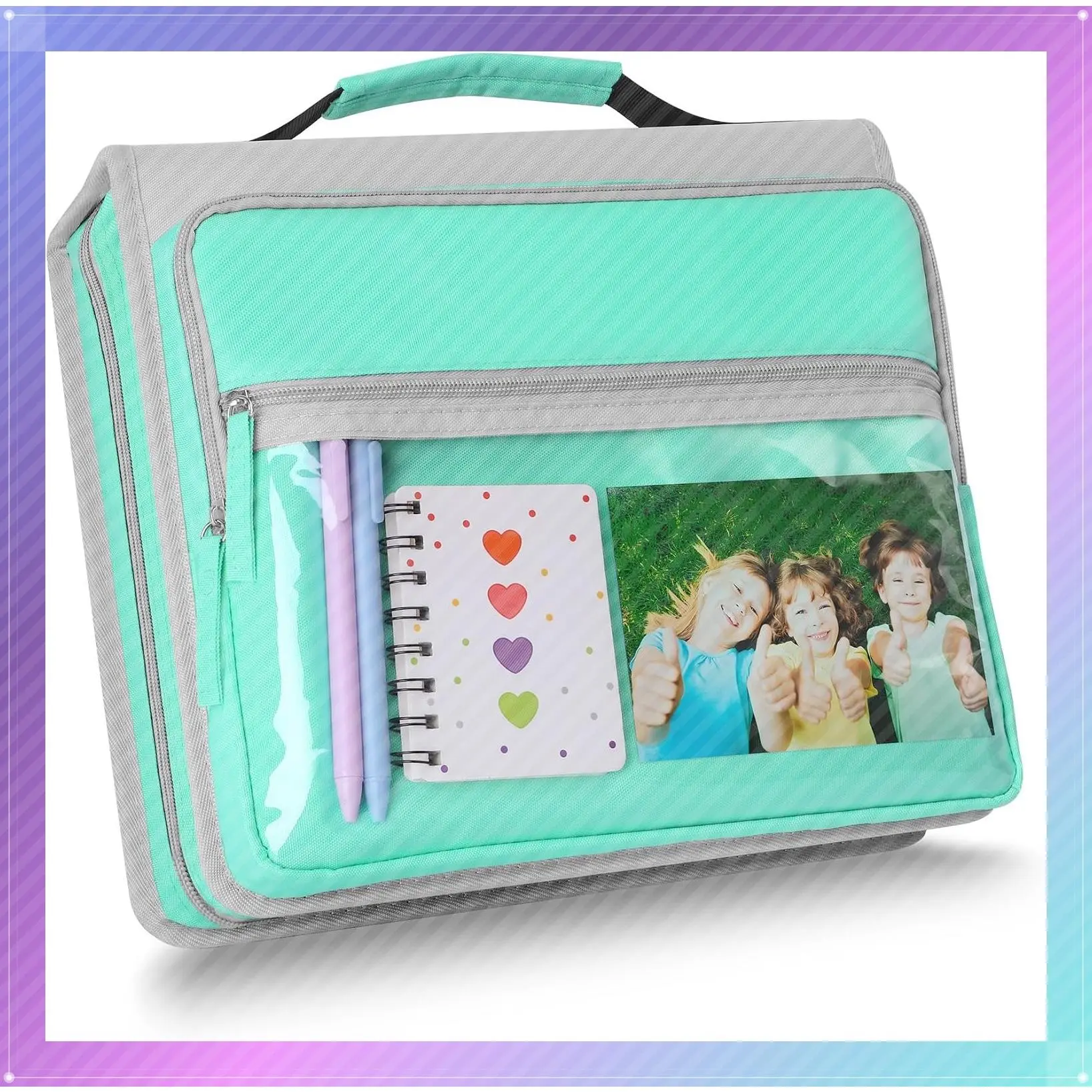 3 Ring Zipper Binder with Handle, 2 Inch O-Ring Document Organizer for Middle School Students, 5-Tab Expanding File Folder & 2 Mesh Pouches, DIY Clear Front Pocket, Mint GreenGift