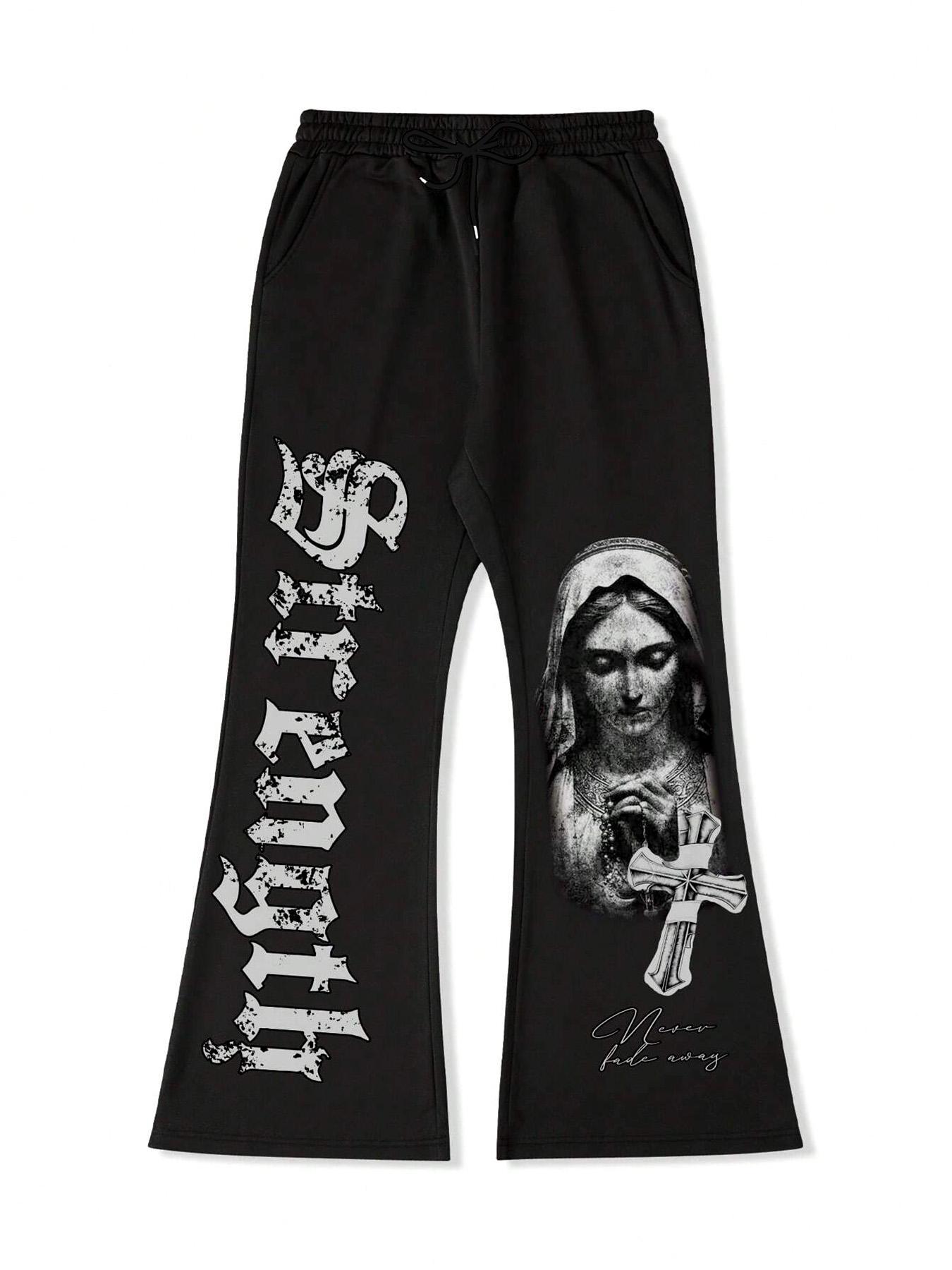 Men's Graphic Print Drawstring Waist Flare Leg Sweatpants, Street Fashion Casual Regular Fit Pocket Design Elastic Waist Trousers for Daily Wear, Men's Bottoms for All Seasons, Casual Streetwear Trousers