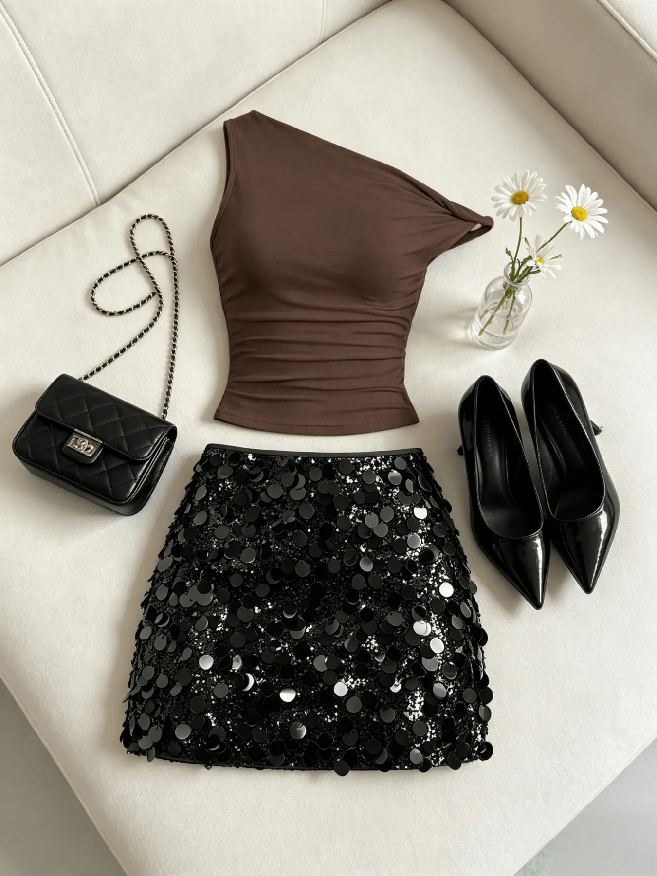 Summer New Arrival Y2K Spice Girl Ruched Two-Piece Women Outfit, One-Shoulder Cami Tank Top + Sequin Bodycon Mini Skirt, Slim Fit & Figure-Hugging Design, Perfect for Party, Club Gathering, Evening, Date & Outdoor Trip, Sexy European American Style