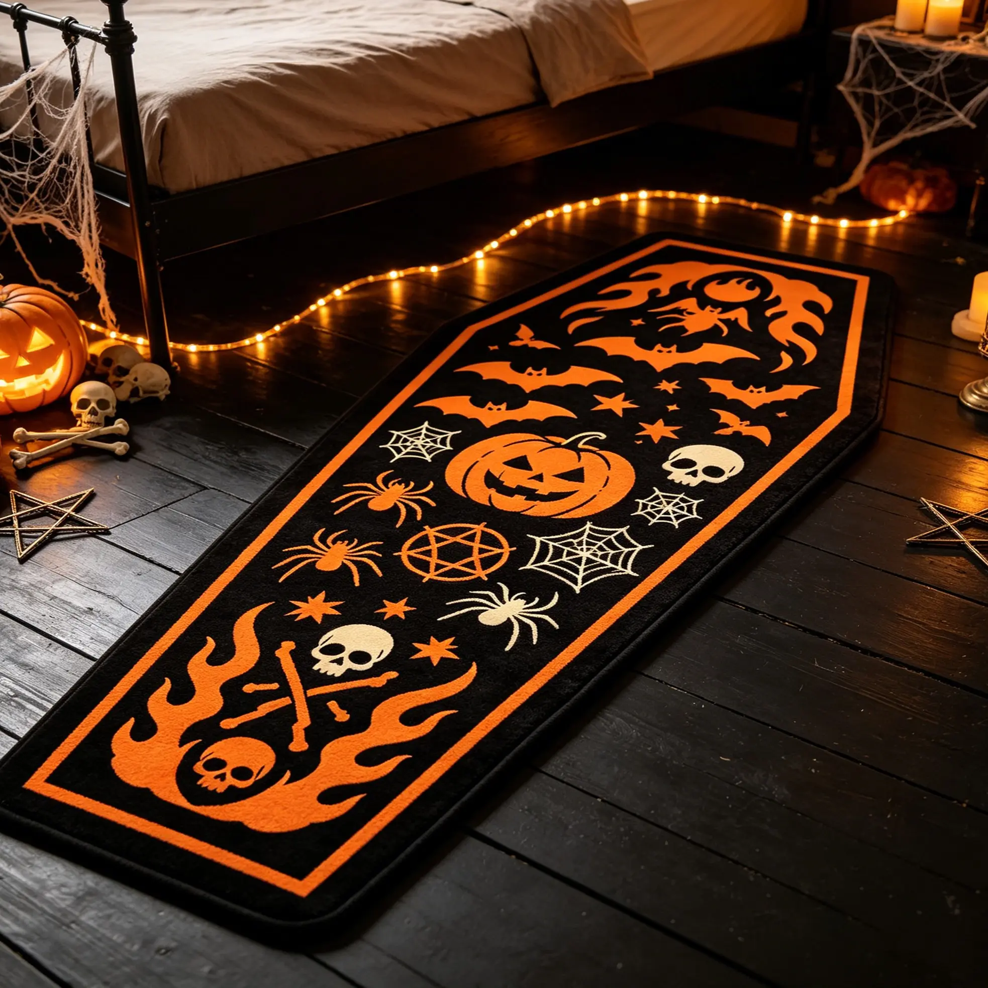 Vintage Flame Skull Coffin Rug, Dark Witch Style Halloween Decor Pad, Comfortable Odd-Shaped Carpet, Hand Wash Only, Home Decoration, Irregular Design Rug