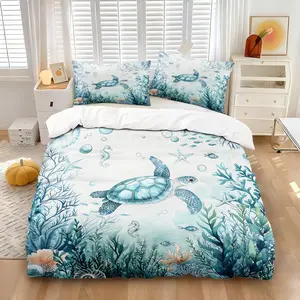 Coastal Aqua Blue Coral Sea Turtle Bedding Set, 1 Duvet Cover + 1/2 Pillowcases, No Core, HD Vivid Print, Tropical Underwater Marine Life Design, Skin Friendly Nautical Bedding