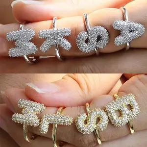 Adjustale CZ Zircon Letter Initial Finger Ring for Women Adjustable Gold Plated Balloon Bubble A-Z Alphabet Chunky Rings Jewelry