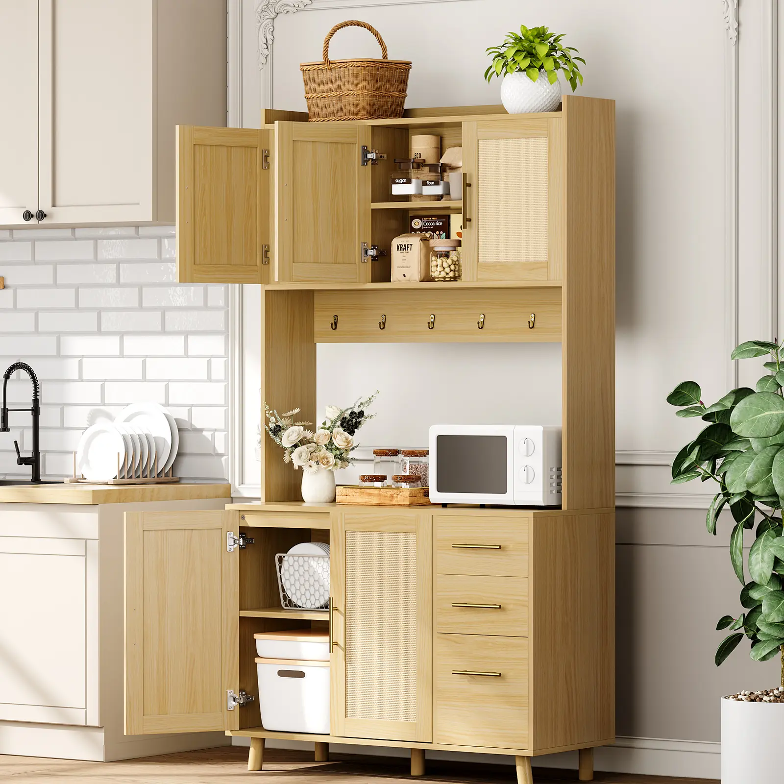 71" Rattan Pantry Cabinet – Microwave Stand, Drawers, Doors & Hooks – Freestanding Boho Storage for Kitchen, Dining Room, Living Room