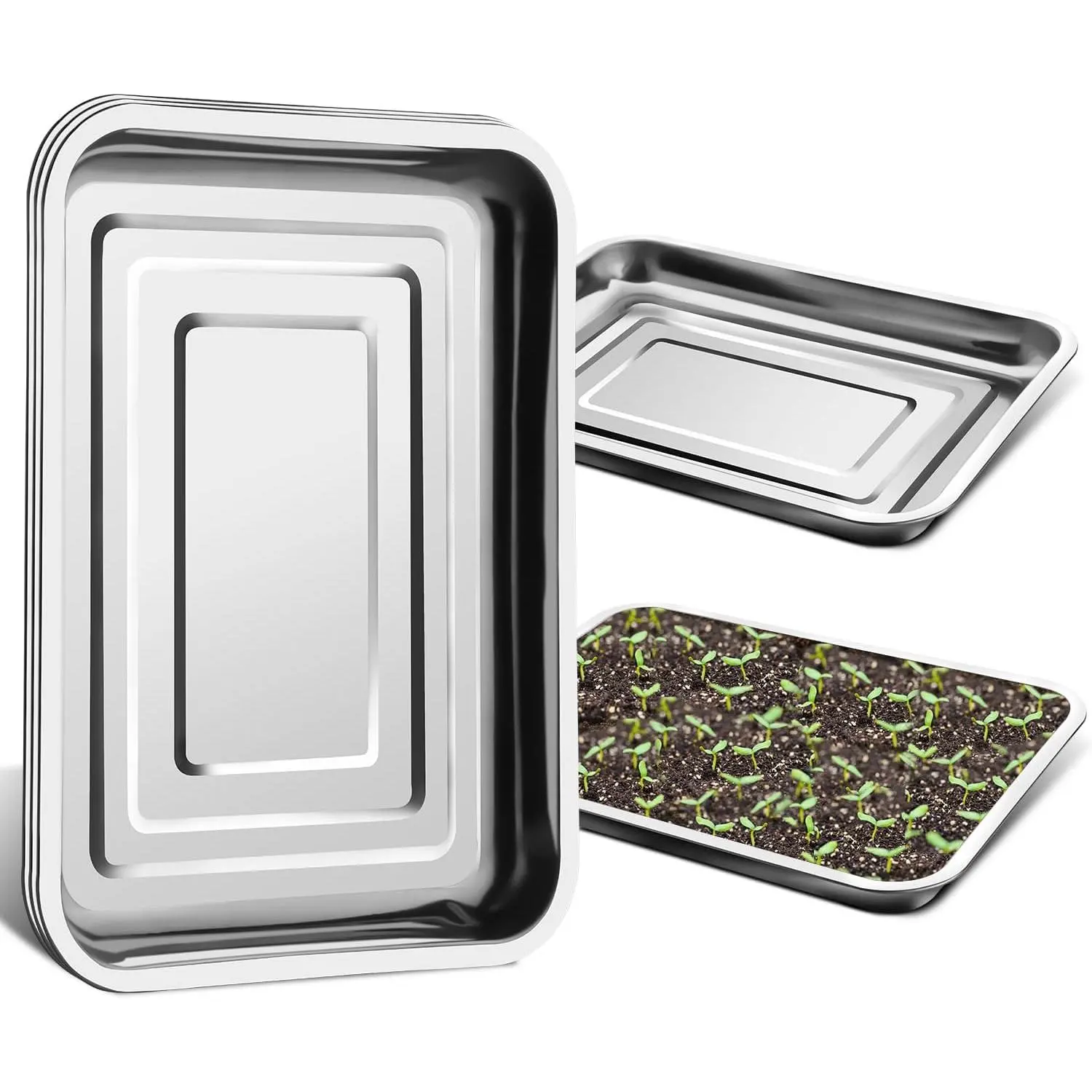 5 Pack Large Stainless Steel Seedling Trays, Heavy Duty Metal Water Catch Trays for  Pots-Transplant, Seed Germination & Propagation Flats (17.5 inch×13.56 inch, 1.18" Height)