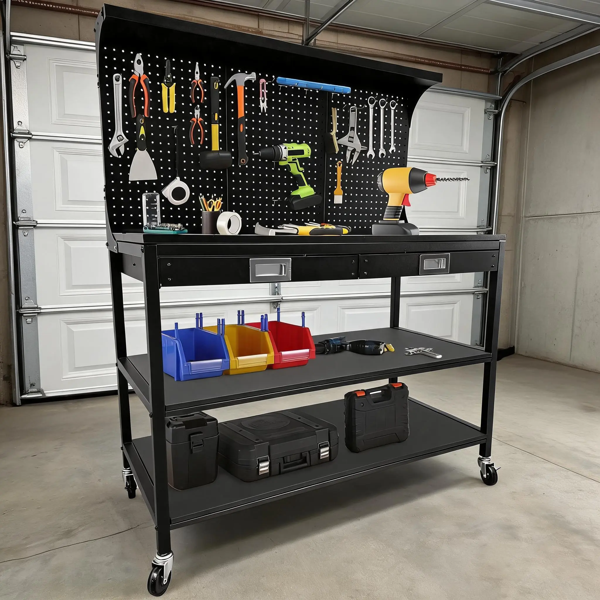 48" Garage Workbench – 900lbs, 2 Drawers + Pegboard – 35 Hooks – Locking Casters – for Workshop/DIY – Heavy Duty Steel – Black