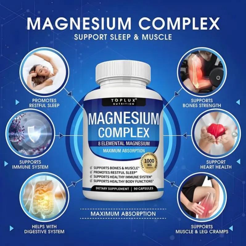 (Flash Sale 3 bottles) TopLux Nutrition Magnesium Complex 1000mg 90 Capsules 7 Elemental Sources Men Women Bone Muscle Sleep Immune Support Nature Decent Fitness Dietary Supplement Malate Taurate Chelated for