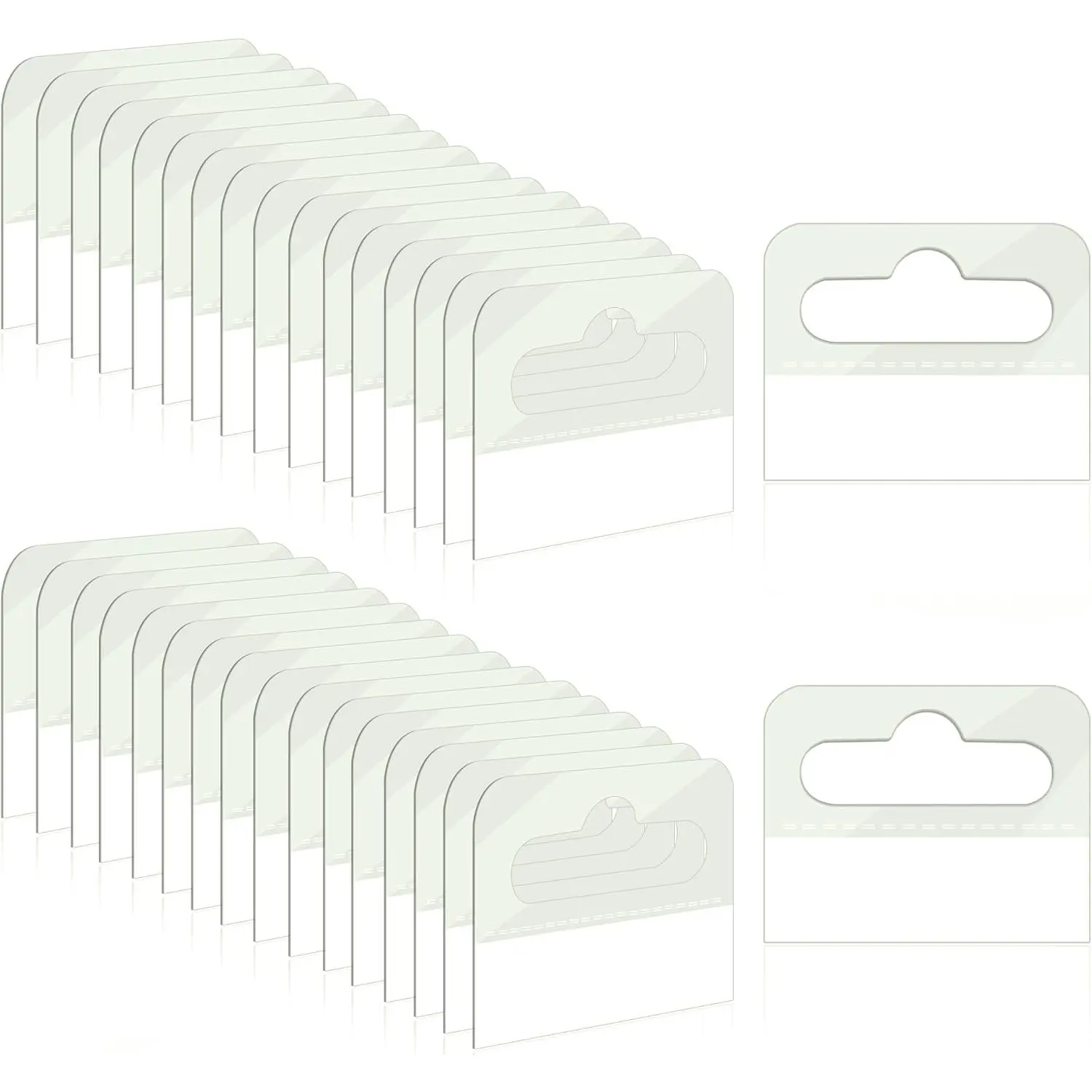 200 count Clear Plastic Hang Tabs, 1.77x1.37 Inches | Self-adhesive heavy duty tags with slot hole, ideal for retail display.