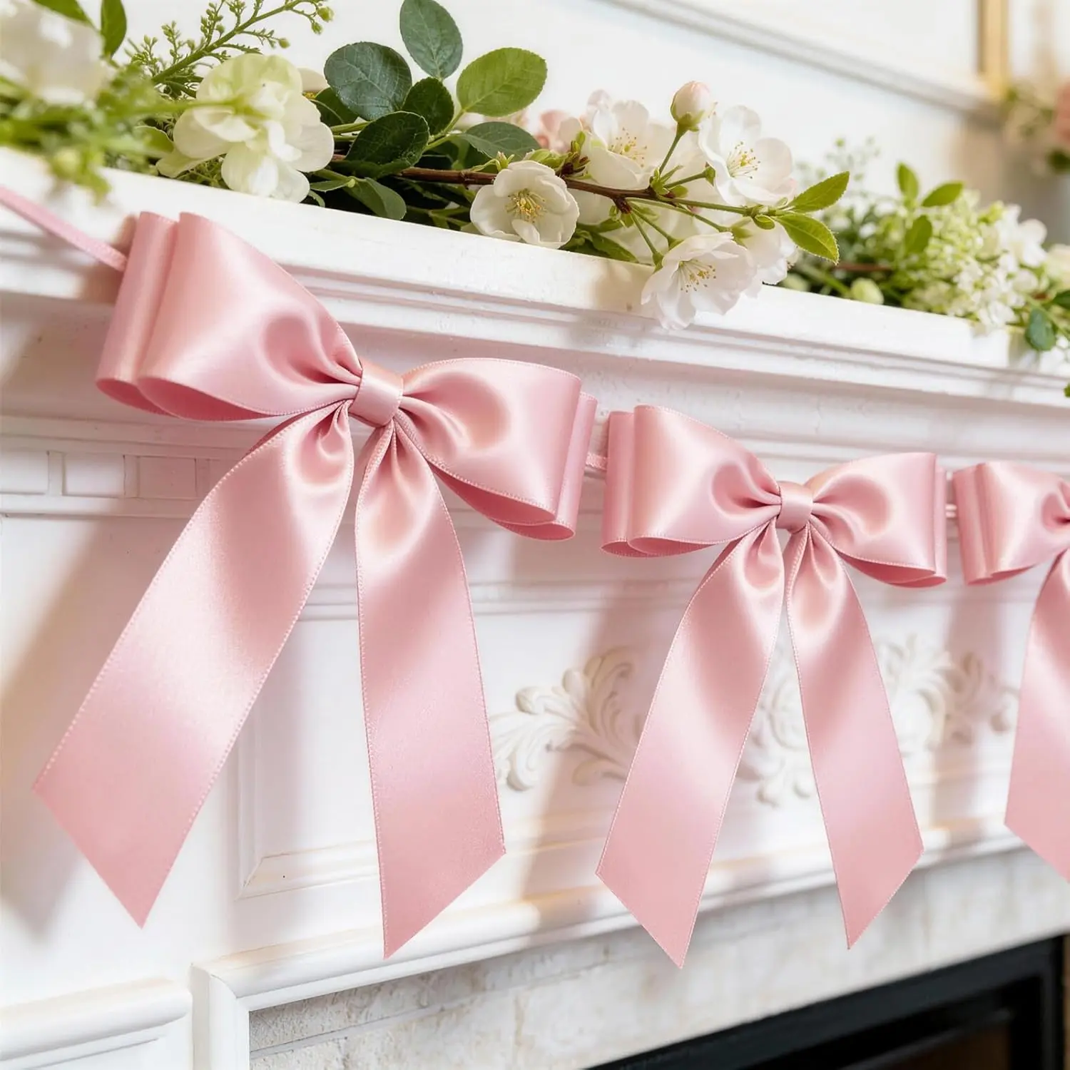 1-String Pink Bow Garland Banner, 8 Pre-Strung Double-Layer Ear Satin Ribbon Bows, Valentines Day Decor for Baby Shower Bridal, Birthday Wedding Party, Reusable Girls Coquette Room Wall Mantel Decorfidget toys