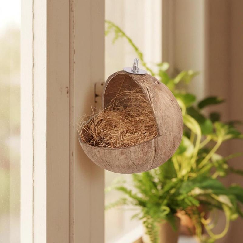 Natural Coconut Bird Nest House – Handmade Grass Woven Parrot Cage Toy, Cozy Breeding Shelter for Small Birds, Hanging Habitat for Parakeets, Lovebirds & Finches