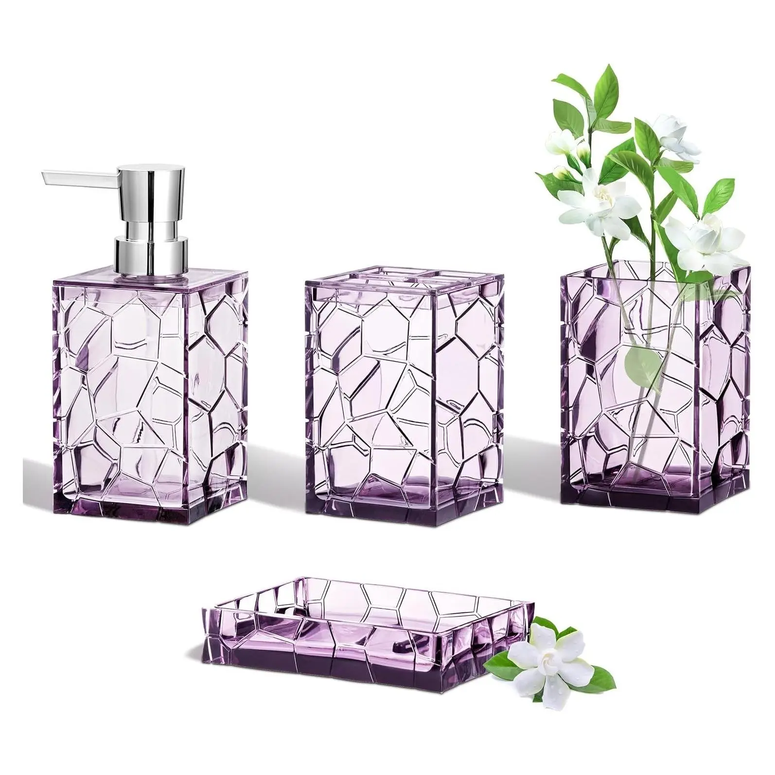 Lavender Purple Boho Acrylic Bathroom Accessories Set of 4, Includes Toothbrush Holder, Soap Dispenser, Tumbler, Soap Dish, Modern Bathroom Decor, Ideal GiftGift